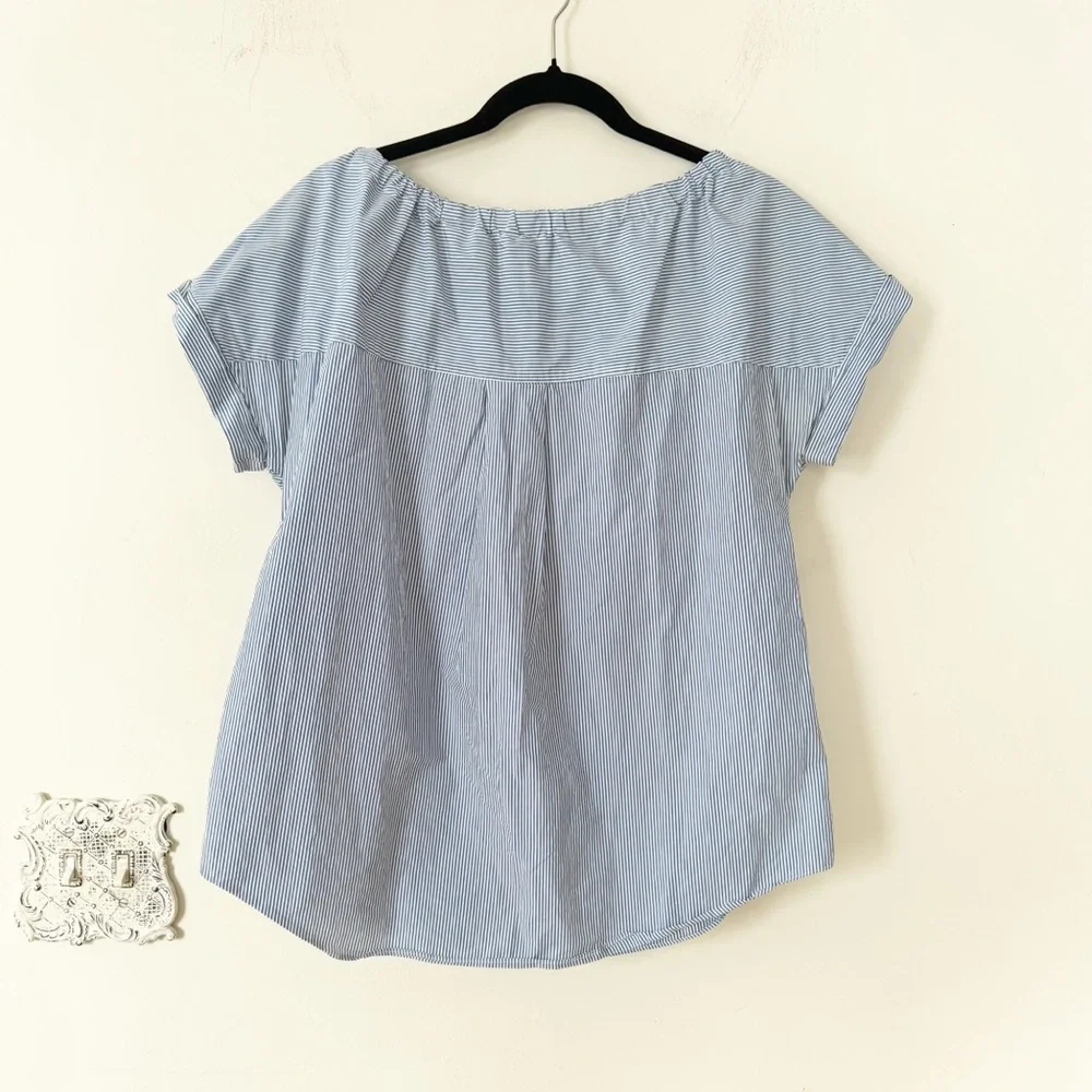Theory Velvela Blue and White Striped Drawstring Shirt Sleeve Blouse M - Picture 6 of 8